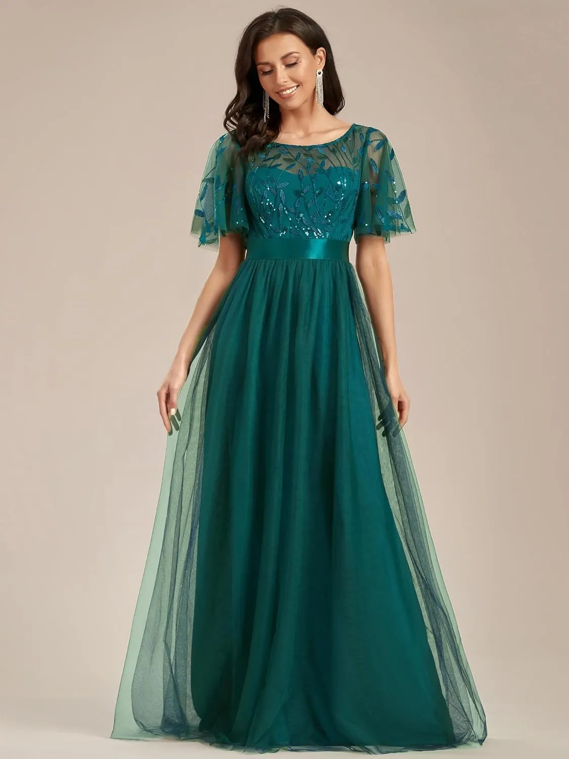 Ever-Pretty Women's Formal Dresses Crew Neck Sequin Ruffle Sleeve Empire Waist Beaded Long Evening Dresses 00904