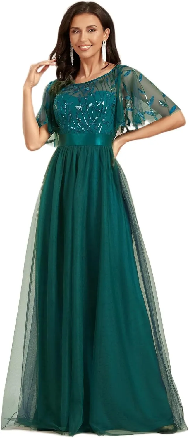 Ever-Pretty Women's Formal Dresses Crew Neck Sequin Ruffle Sleeve Empire Waist Beaded Long Evening Dresses 00904