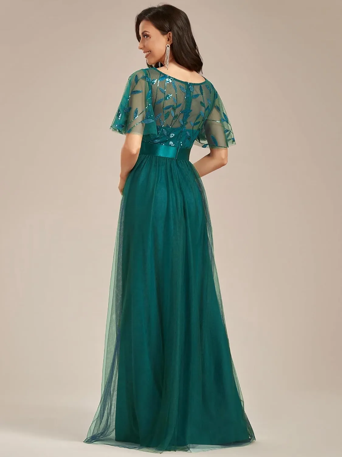 Ever-Pretty Women's Formal Dresses Crew Neck Sequin Ruffle Sleeve Empire Waist Beaded Long Evening Dresses 00904
