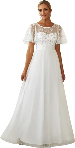 Ever-Pretty Women's Formal Dresses Crew Neck Sequin Ruffle Sleeve Empire Waist Beaded Long Evening Dresses 00904