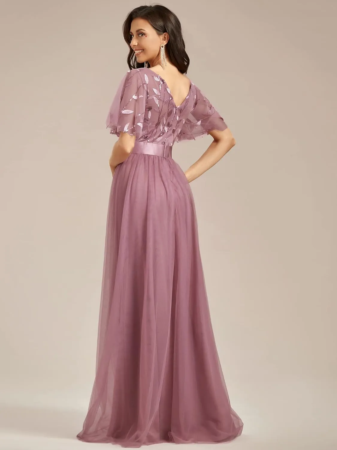 Ever-Pretty Women's Formal Dresses Crew Neck Sequin Ruffle Sleeve Empire Waist Beaded Long Evening Dresses 00904