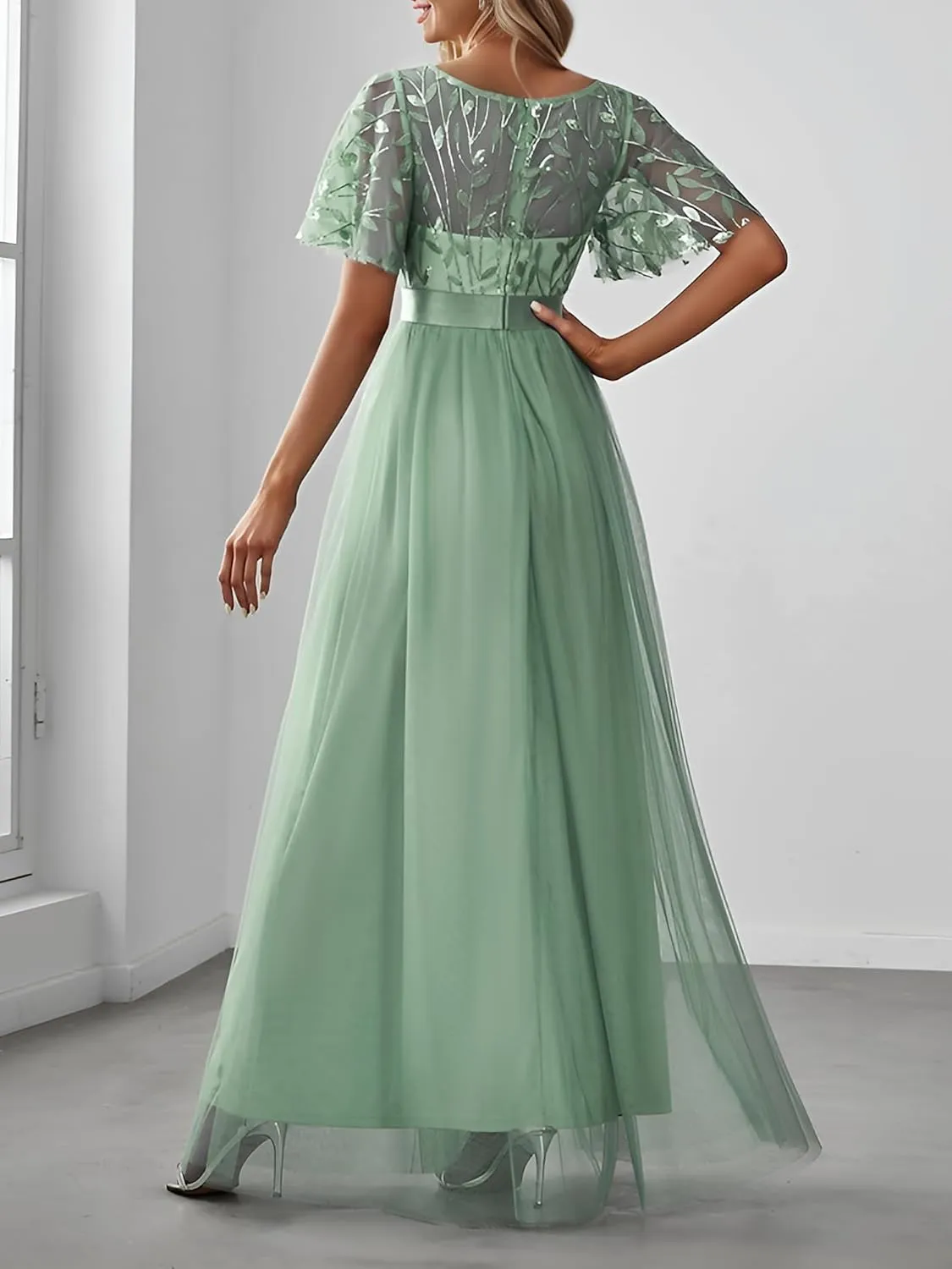 Ever-Pretty Women's Formal Dresses Crew Neck Sequin Ruffle Sleeve Empire Waist Beaded Long Evening Dresses 00904