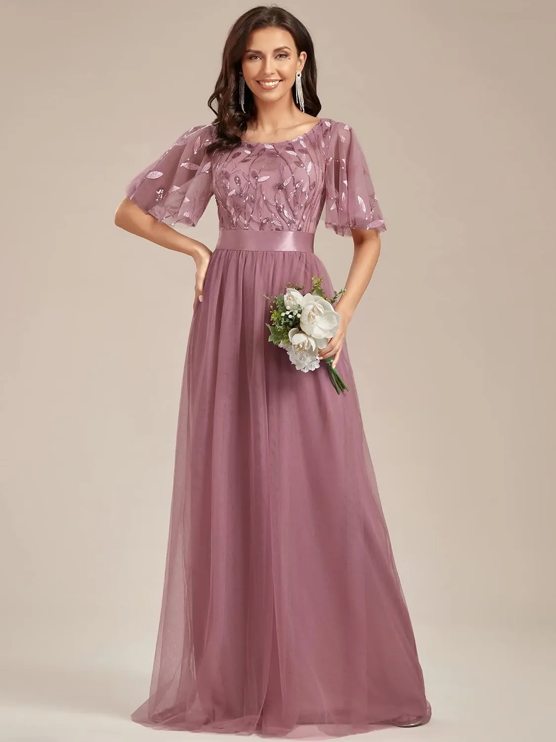 Ever-Pretty Women's Formal Dresses Crew Neck Sequin Ruffle Sleeve Empire Waist Beaded Long Evening Dresses 00904
