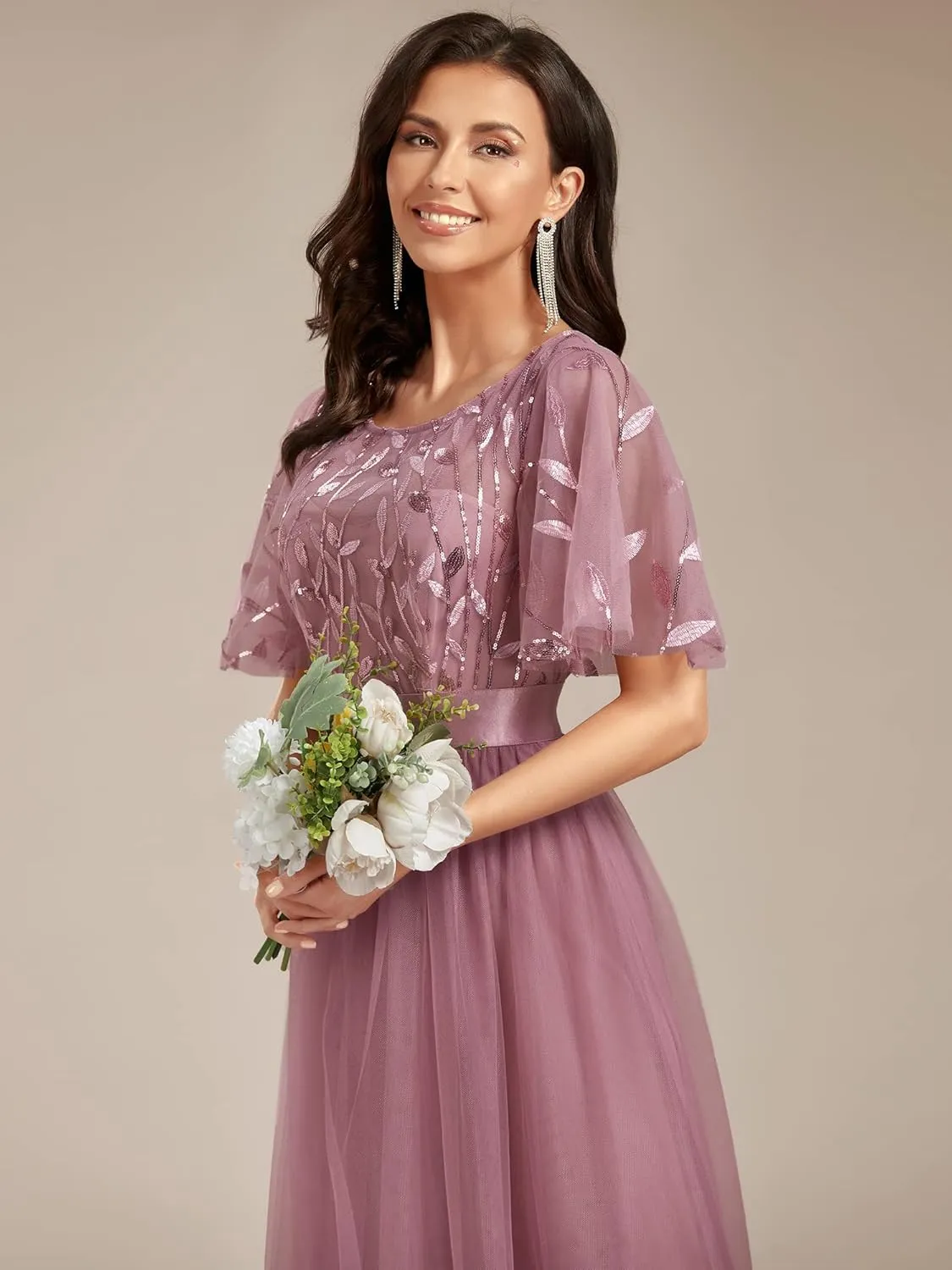 Ever-Pretty Women's Formal Dresses Crew Neck Sequin Ruffle Sleeve Empire Waist Beaded Long Evening Dresses 00904