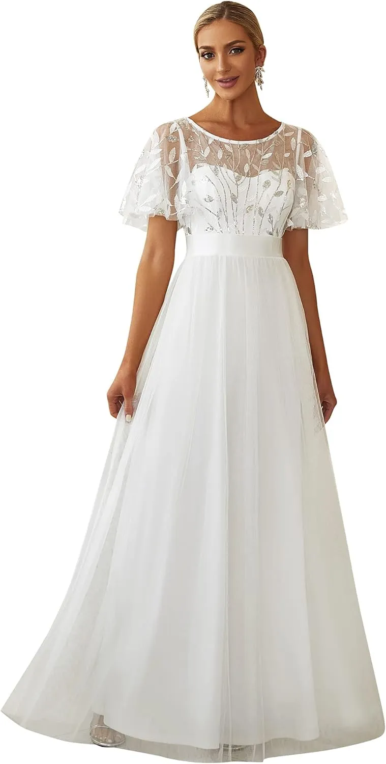 Ever-Pretty Women's Formal Dresses Crew Neck Sequin Ruffle Sleeve Empire Waist Beaded Long Evening Dresses 00904