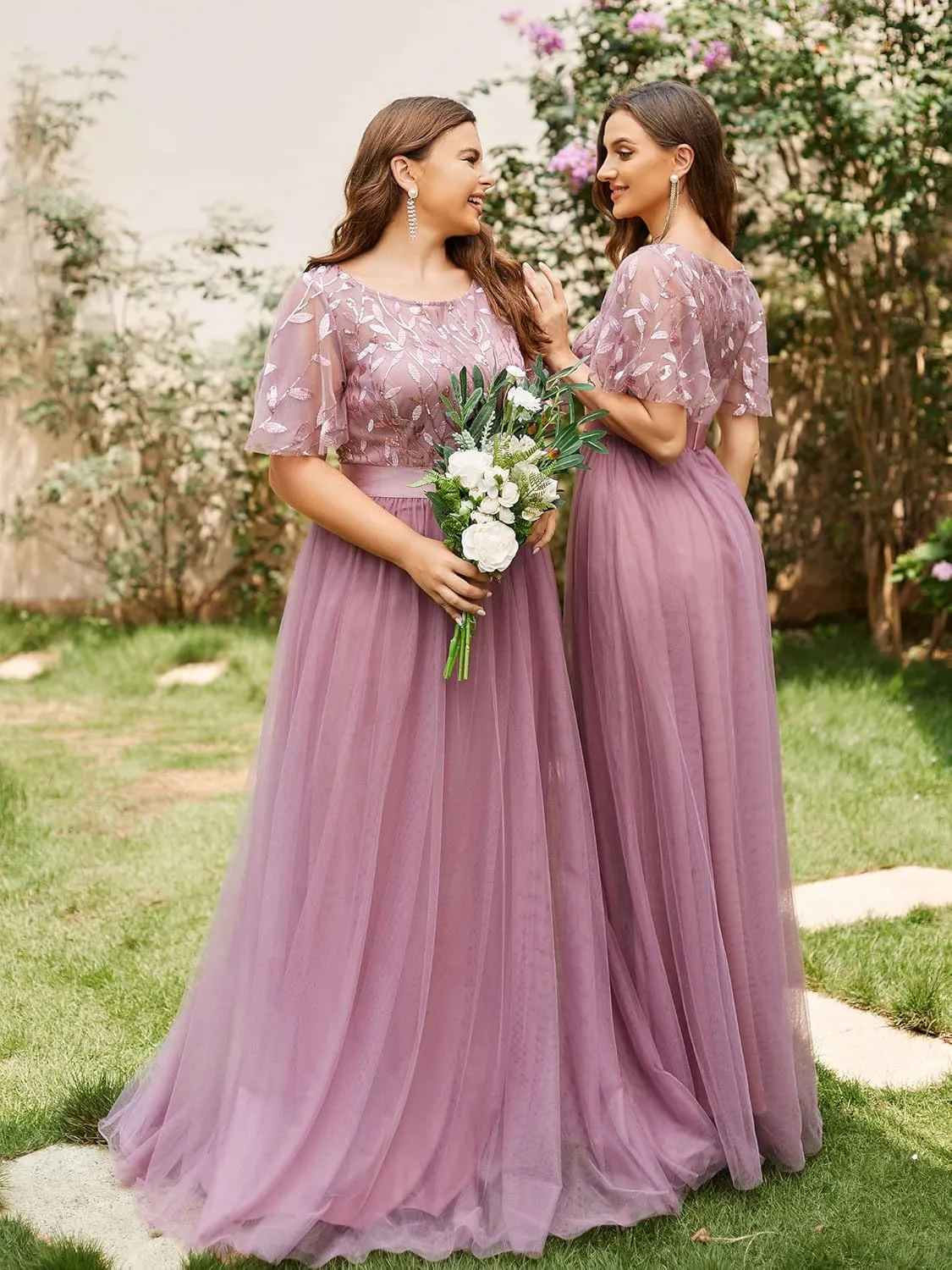 Ever-Pretty Women's Formal Dresses Crew Neck Sequin Ruffle Sleeve Empire Waist Beaded Long Evening Dresses 00904