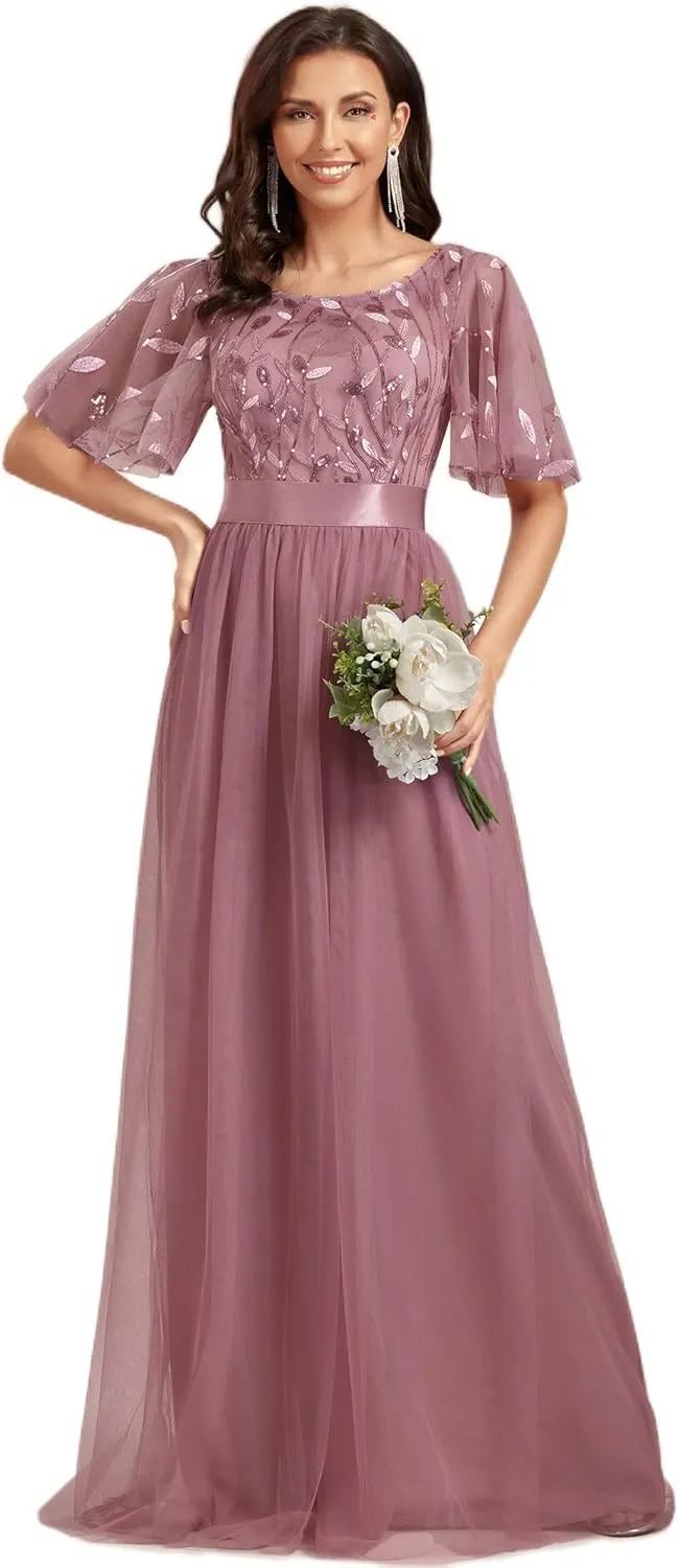 Ever-Pretty Women's Formal Dresses Crew Neck Sequin Ruffle Sleeve Empire Waist Beaded Long Evening Dresses 00904