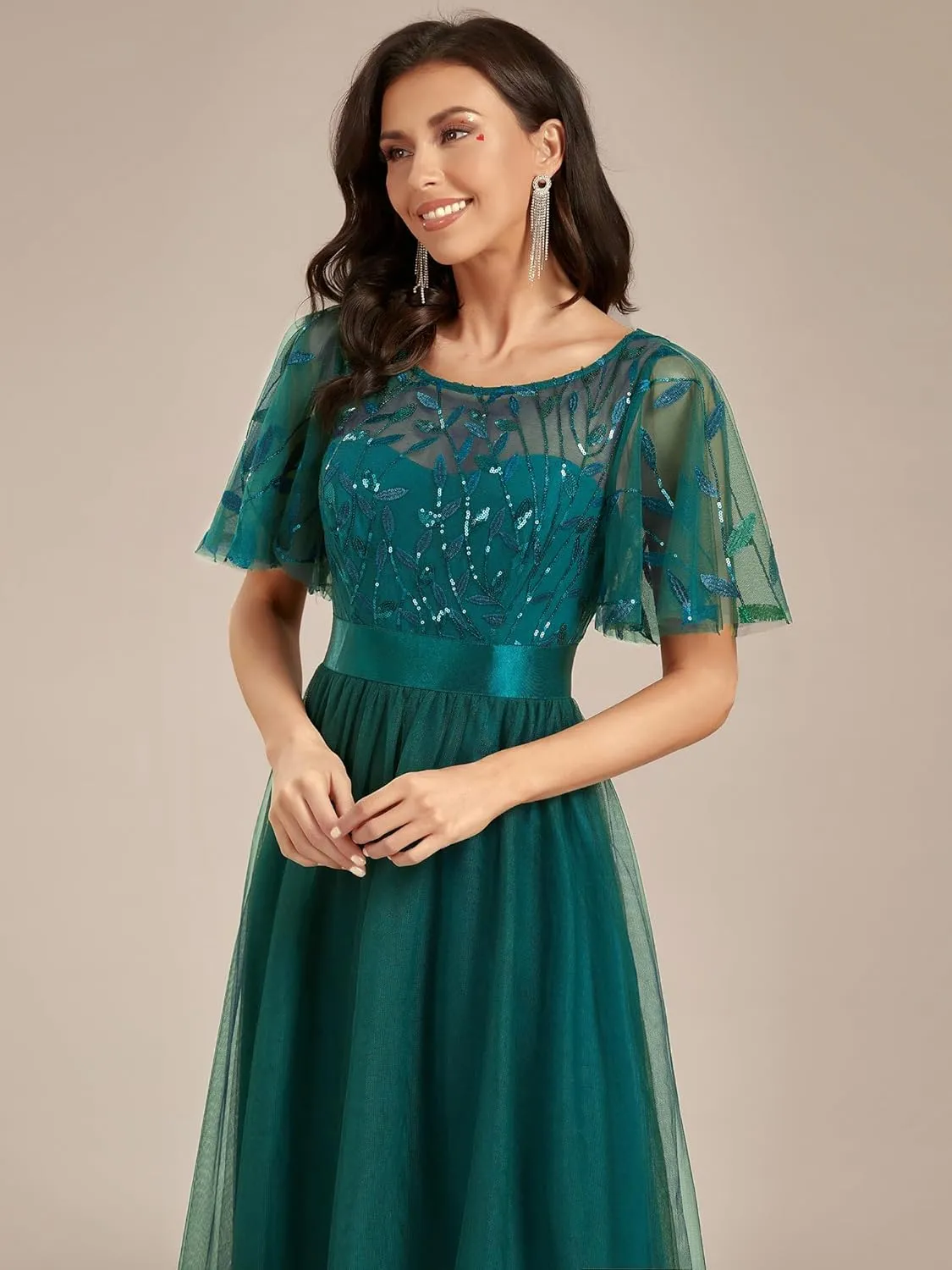 Ever-Pretty Women's Formal Dresses Crew Neck Sequin Ruffle Sleeve Empire Waist Beaded Long Evening Dresses 00904