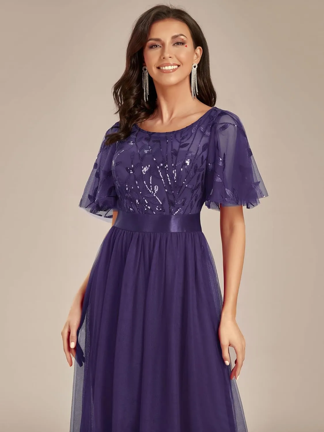 Ever-Pretty Women's Formal Dresses Crew Neck Sequin Ruffle Sleeve Empire Waist Beaded Long Evening Dresses 00904