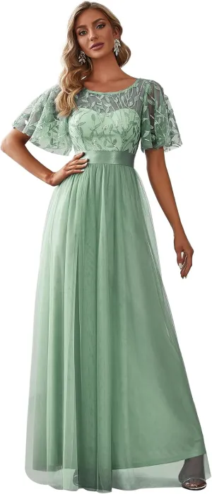 Ever-Pretty Women's Formal Dresses Crew Neck Sequin Ruffle Sleeve Empire Waist Beaded Long Evening Dresses 00904