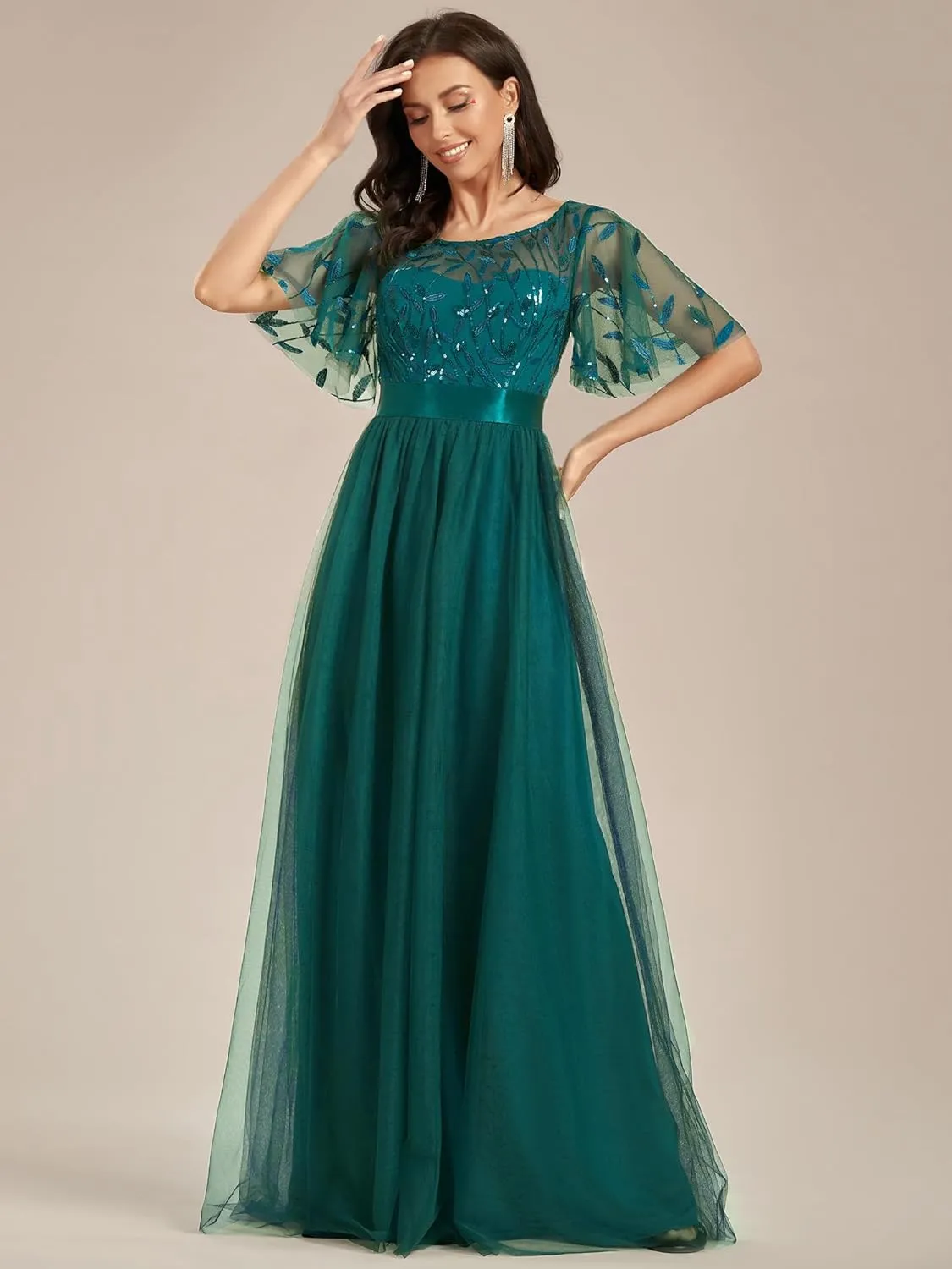 Ever-Pretty Women's Formal Dresses Crew Neck Sequin Ruffle Sleeve Empire Waist Beaded Long Evening Dresses 00904
