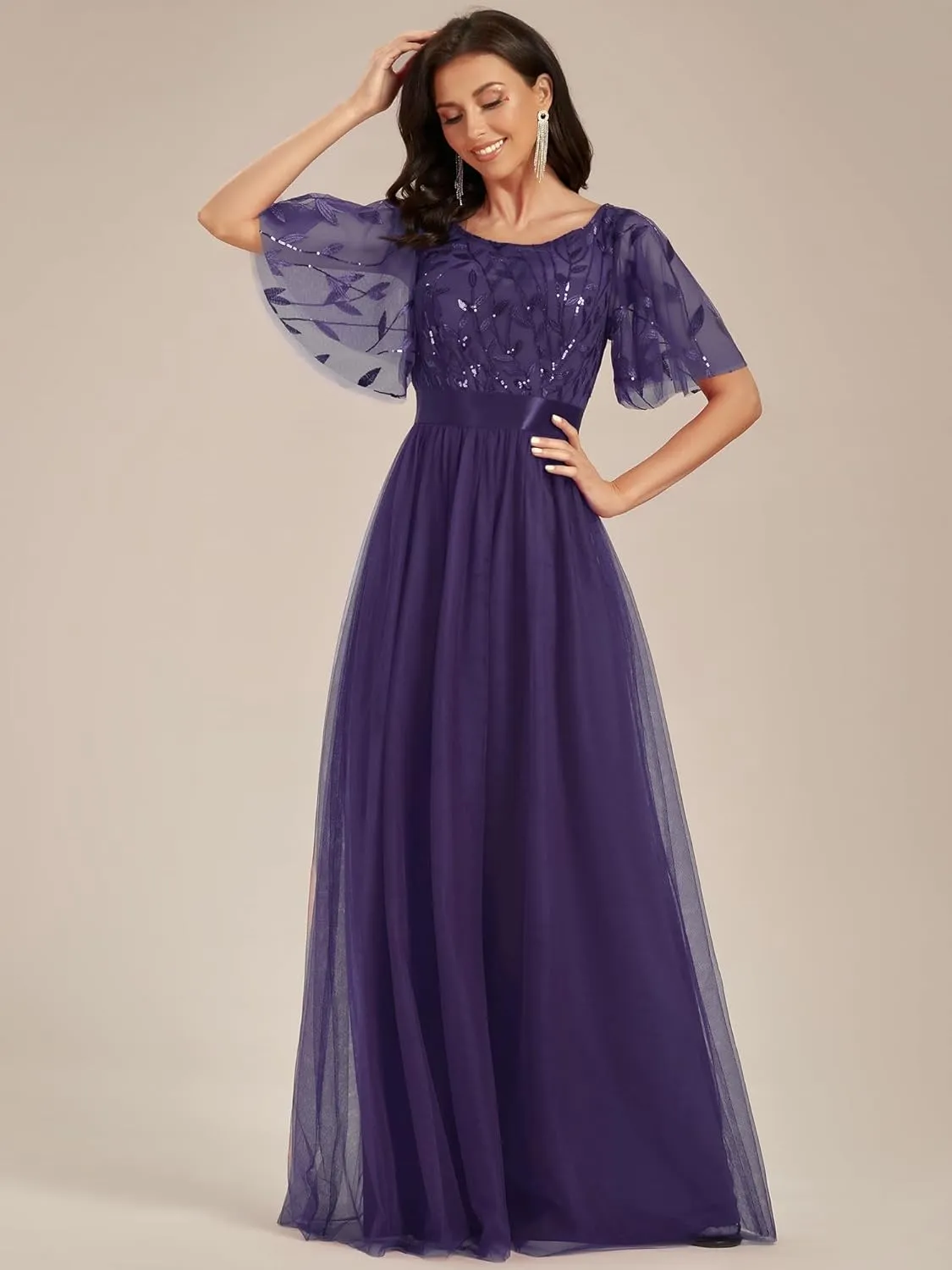 Ever-Pretty Women's Formal Dresses Crew Neck Sequin Ruffle Sleeve Empire Waist Beaded Long Evening Dresses 00904
