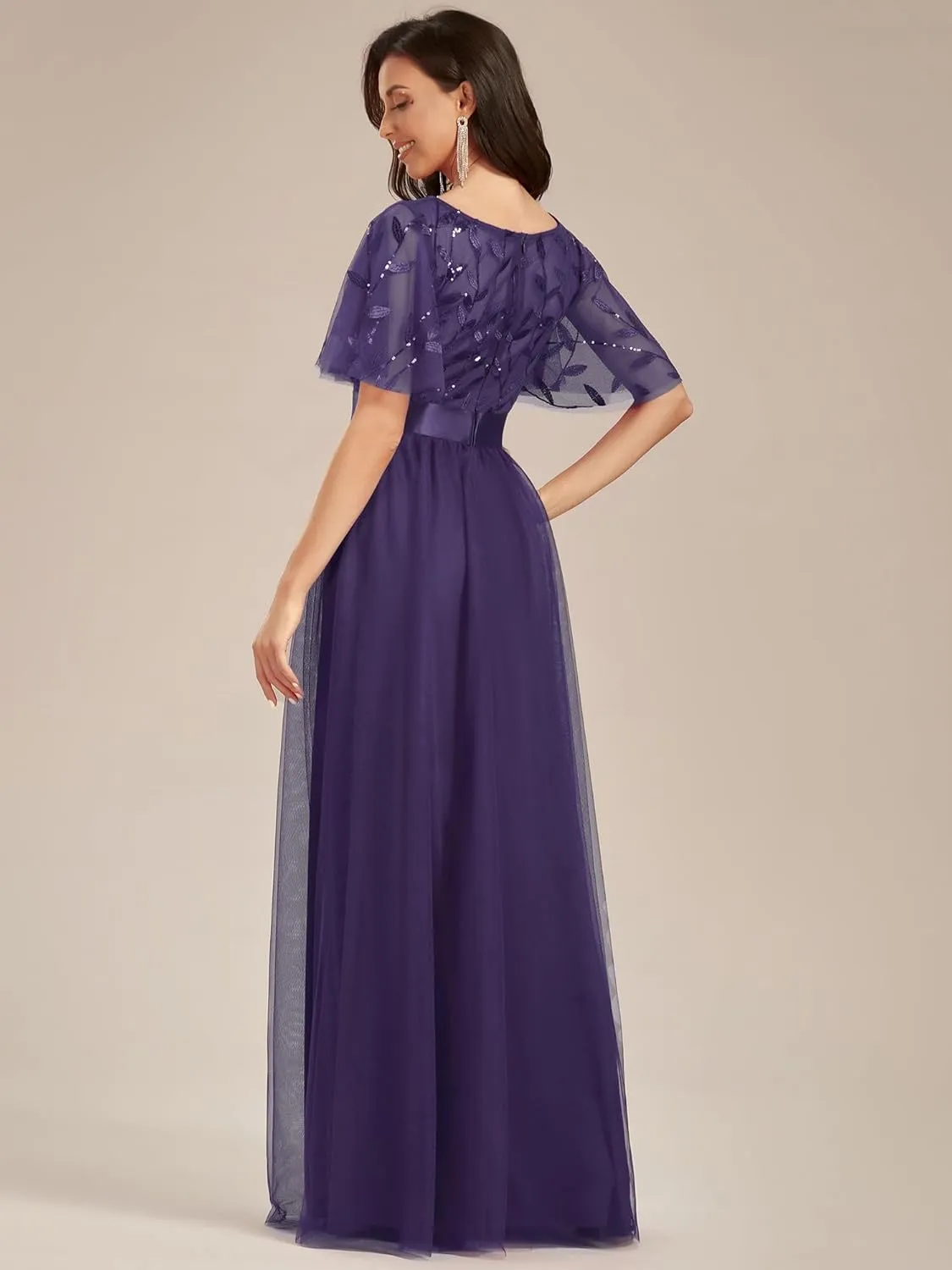 Ever-Pretty Women's Formal Dresses Crew Neck Sequin Ruffle Sleeve Empire Waist Beaded Long Evening Dresses 00904