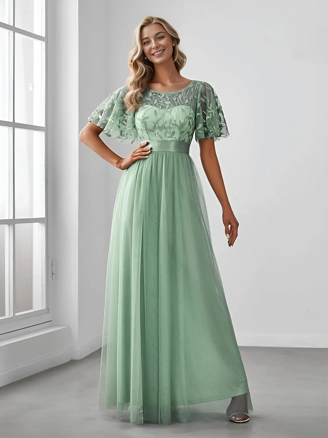 Ever-Pretty Women's Formal Dresses Crew Neck Sequin Ruffle Sleeve Empire Waist Beaded Long Evening Dresses 00904