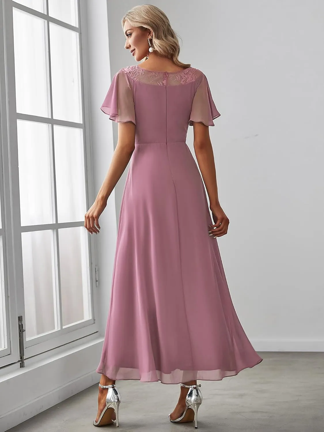 Ever-Pretty Women's Ruffles Sleeve Bridesmaid Dress High Low Beaded Chiffon Midi Mother of The Bride Dresses 00465