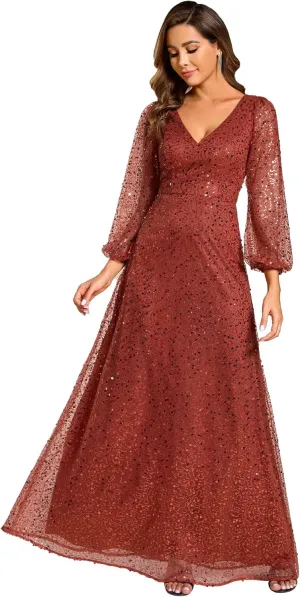 Ever-Pretty Women's Sequin A-Line V Neck Beaded Gown Long Sheer Sleeves Cocktail Evening Gown 01999