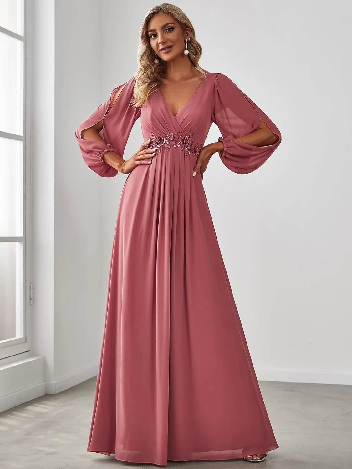 Ever-Pretty Women's V Neck Long Sleeves Floor Length Ruched Chiffon Formal Dress 00461