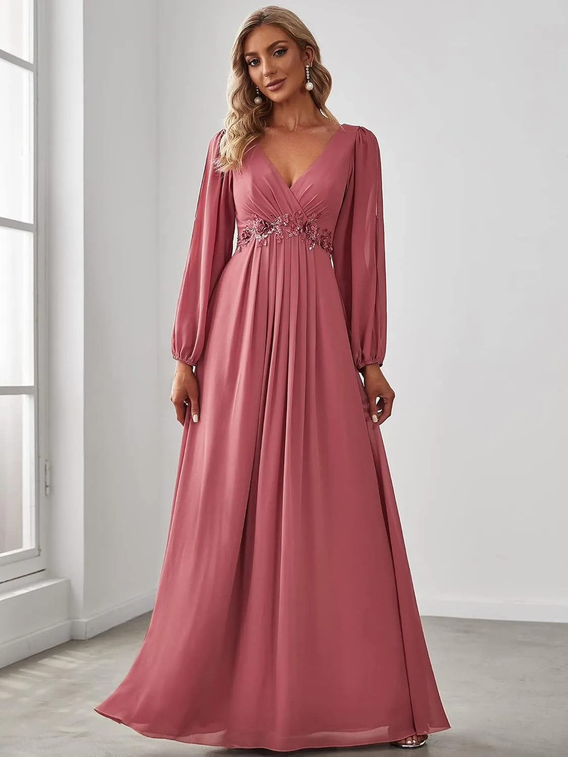 Ever-Pretty Women's V Neck Long Sleeves Floor Length Ruched Chiffon Formal Dress 00461