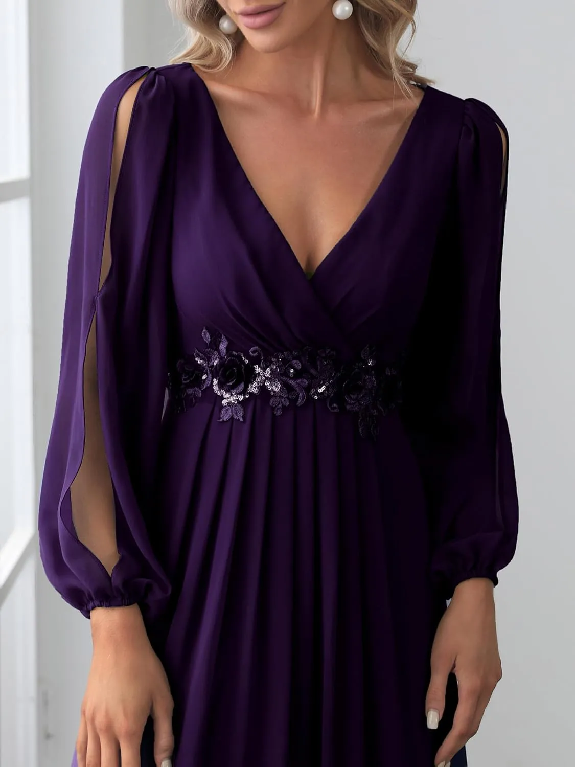 Ever-Pretty Women's V Neck Long Sleeves Floor Length Ruched Chiffon Formal Dress 00461
