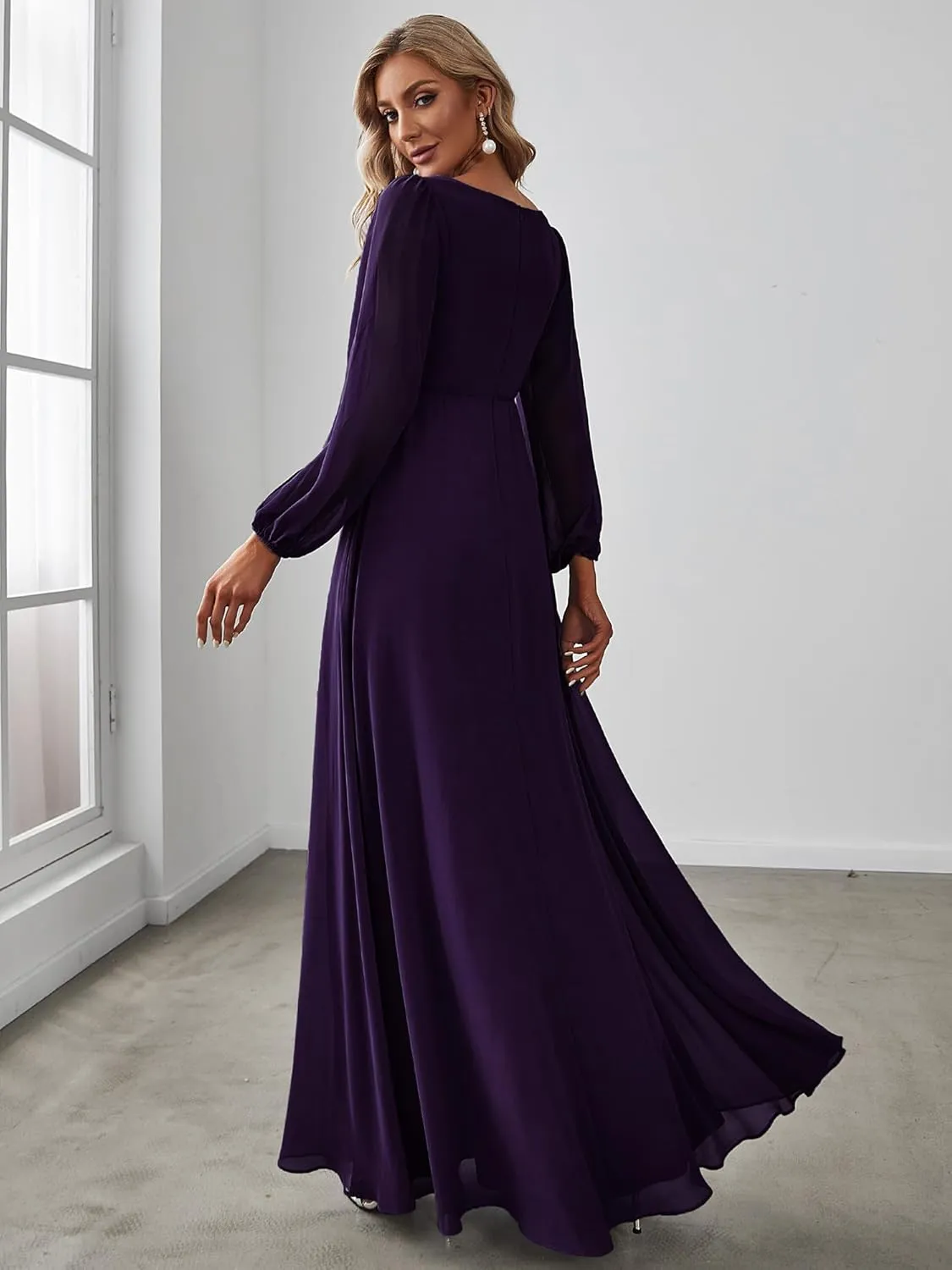 Ever-Pretty Women's V Neck Long Sleeves Floor Length Ruched Chiffon Formal Dress 00461