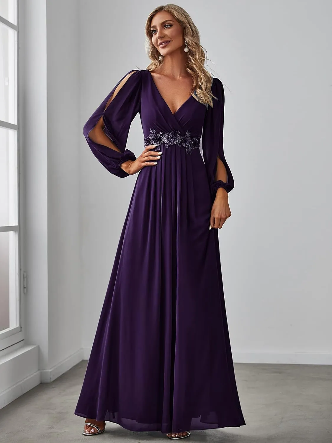 Ever-Pretty Women's V Neck Long Sleeves Floor Length Ruched Chiffon Formal Dress 00461