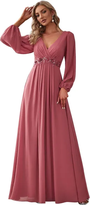Ever-Pretty Women's V Neck Long Sleeves Floor Length Ruched Chiffon Formal Dress 00461