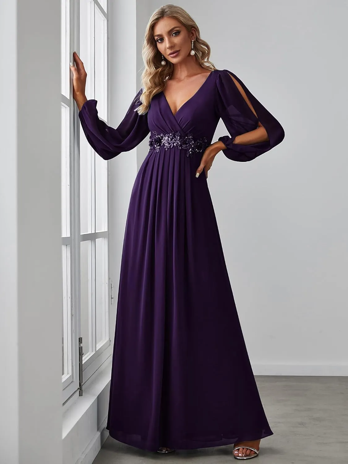 Ever-Pretty Women's V Neck Long Sleeves Floor Length Ruched Chiffon Formal Dress 00461