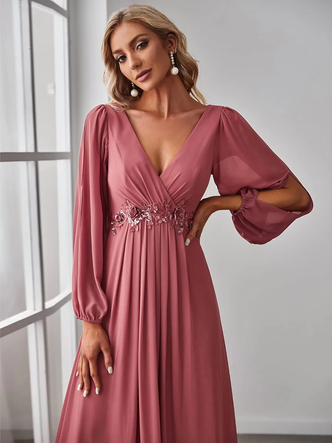 Ever-Pretty Women's V Neck Long Sleeves Floor Length Ruched Chiffon Formal Dress 00461