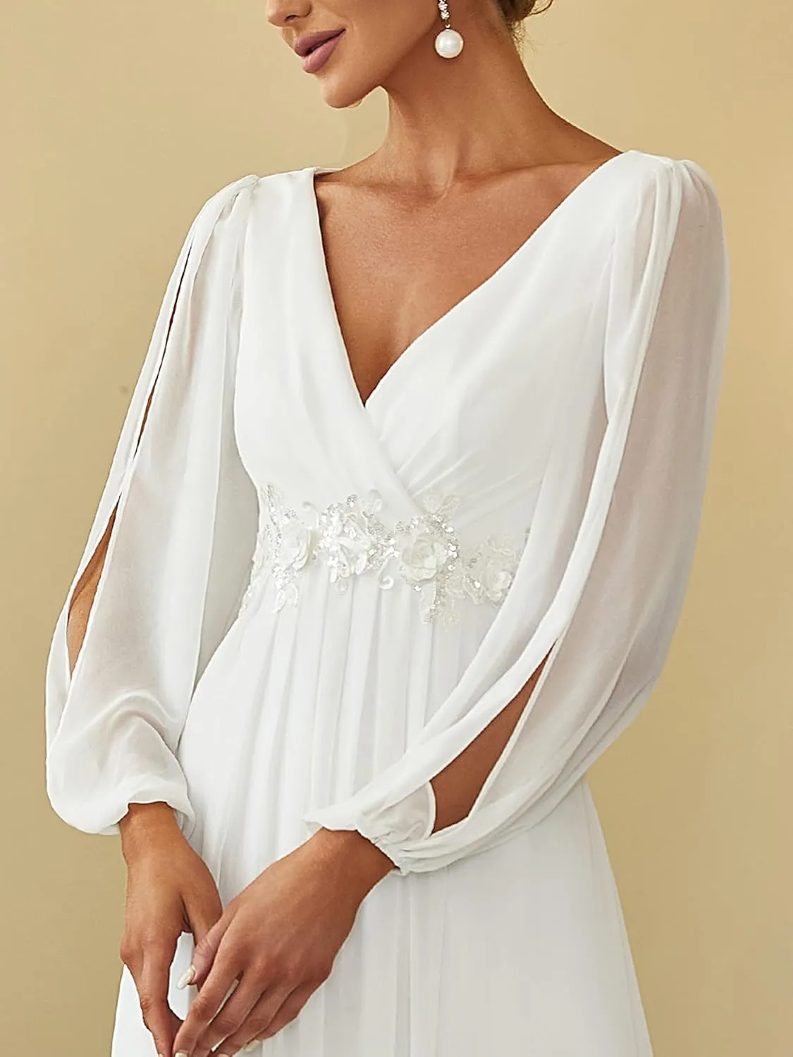 Ever-Pretty Women's V Neck Long Sleeves Floor Length Ruched Chiffon Formal Dress 00461