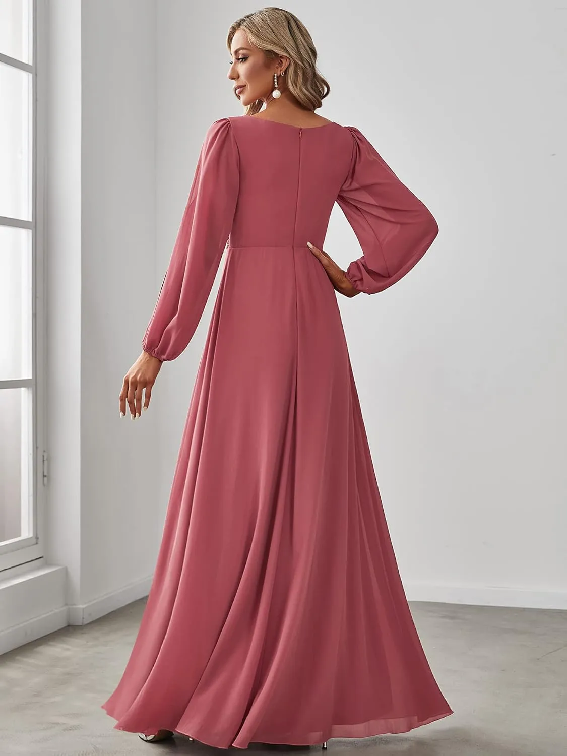 Ever-Pretty Women's V Neck Long Sleeves Floor Length Ruched Chiffon Formal Dress 00461