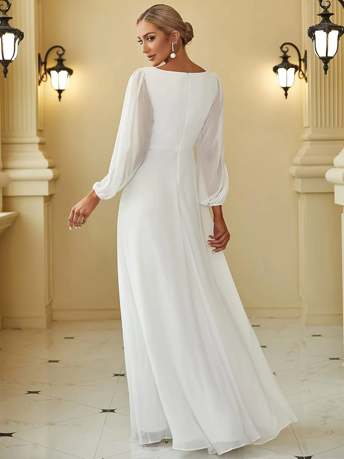 Ever-Pretty Women's V Neck Long Sleeves Floor Length Ruched Chiffon Formal Dress 00461