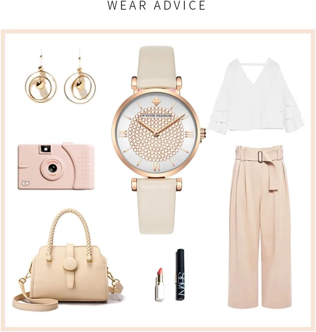 FANMIS Lady Classic Diamond Watches Ultra-Thin Minimalist Ladies Dress Watch Rhinestone Diamond Dial Bracelet Watch Fashion Waterproof Wristwatch Leather Band