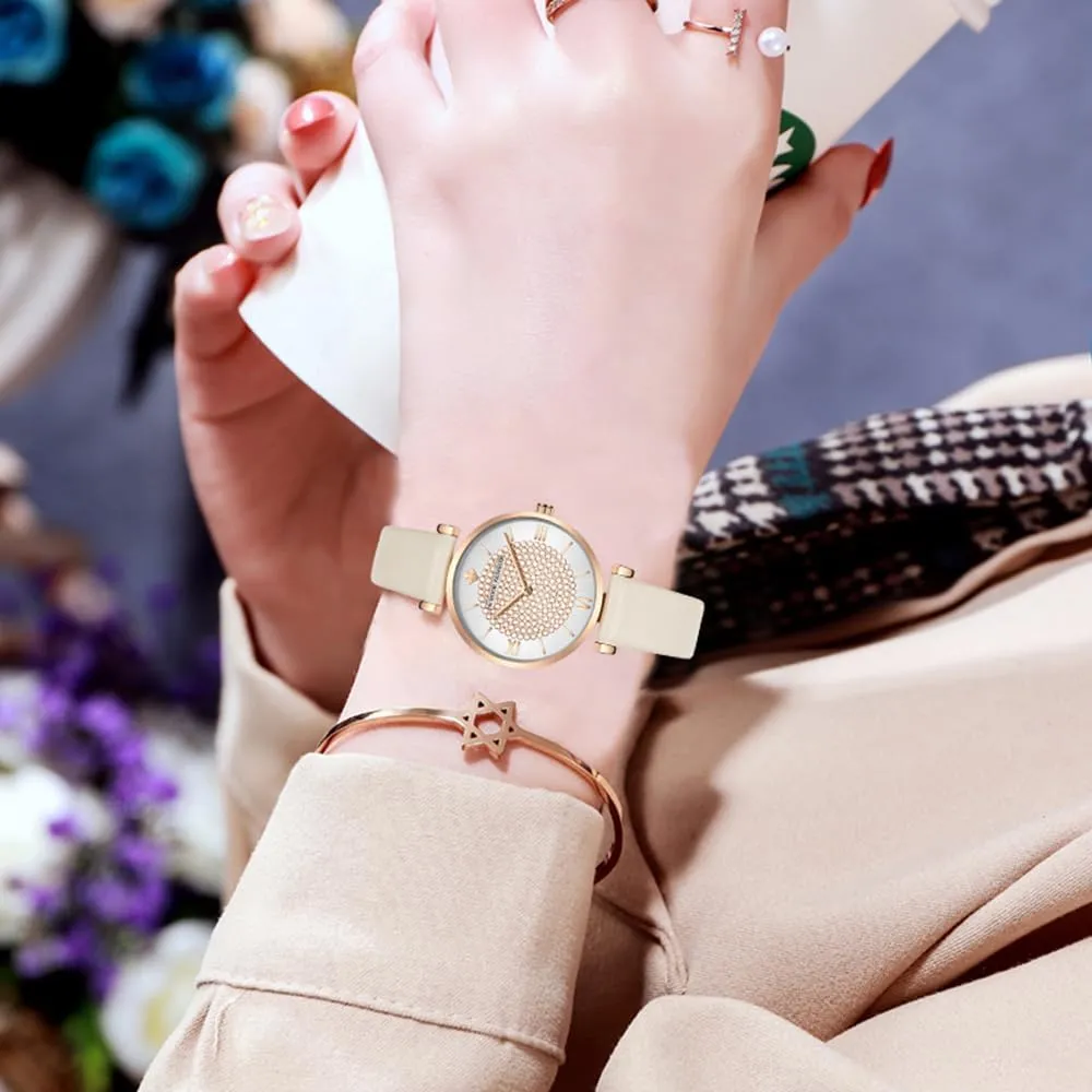 FANMIS Lady Classic Diamond Watches Ultra-Thin Minimalist Ladies Dress Watch Rhinestone Diamond Dial Bracelet Watch Fashion Waterproof Wristwatch Leather Band