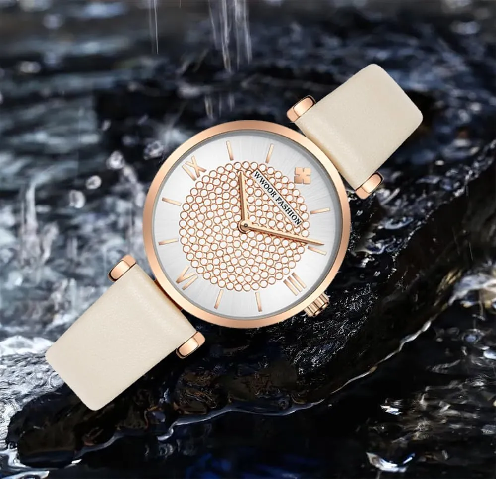 FANMIS Lady Classic Diamond Watches Ultra-Thin Minimalist Ladies Dress Watch Rhinestone Diamond Dial Bracelet Watch Fashion Waterproof Wristwatch Leather Band
