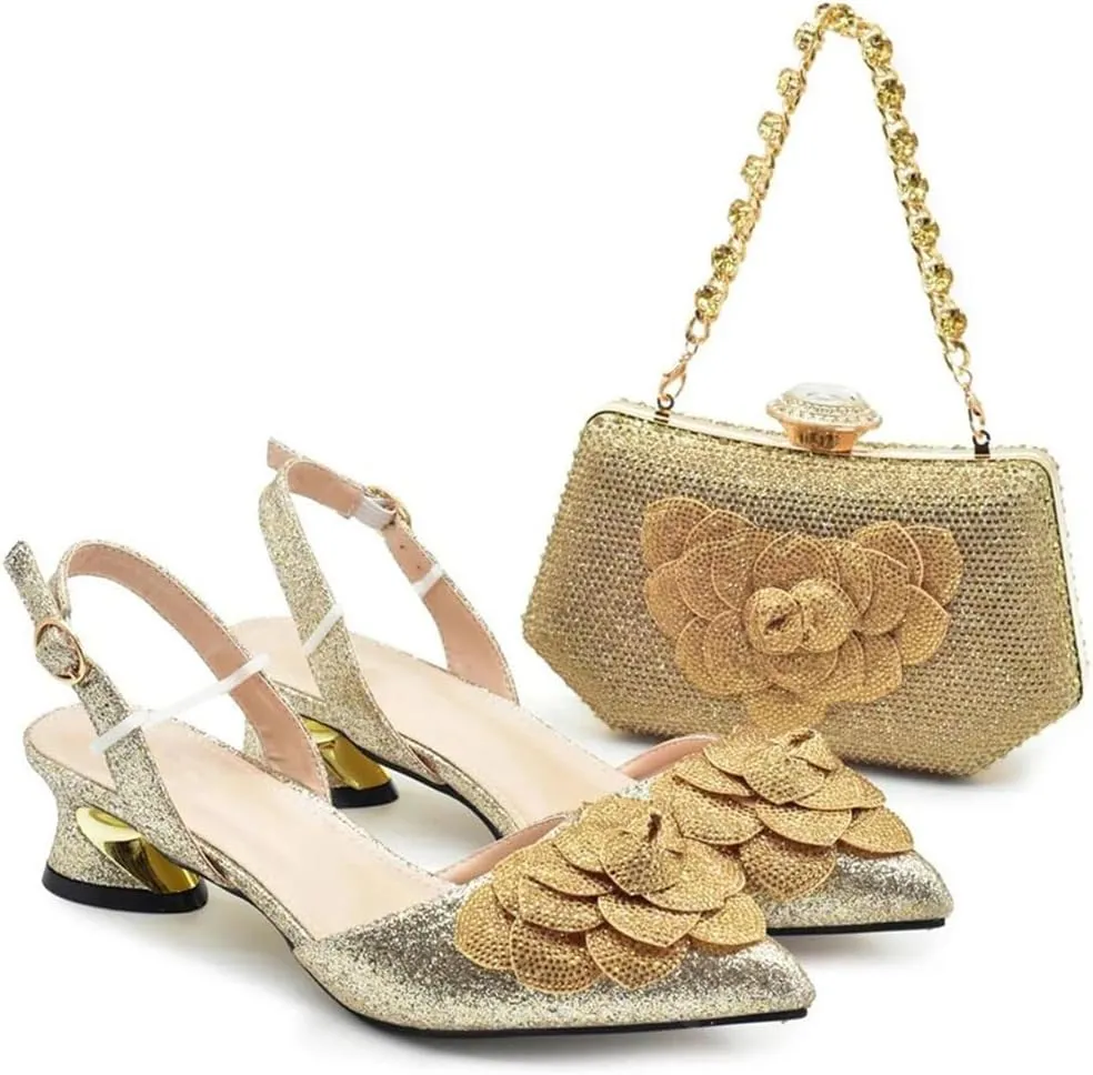 Fashion Nigerian Women Heel Party Italian Design Shoes and Bag Set Decorated with Rhinestone Handbag Wedding Party