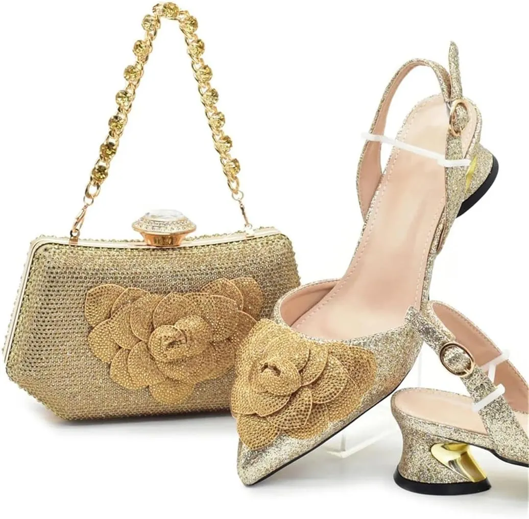 Fashion Nigerian Women Heel Party Italian Design Shoes and Bag Set Decorated with Rhinestone Handbag Wedding Party