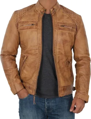 fjackets Real Lambskin Mens Leather Jackets - Quilted Cafe Racer Zip Up Moto Style Leather Jacket Men