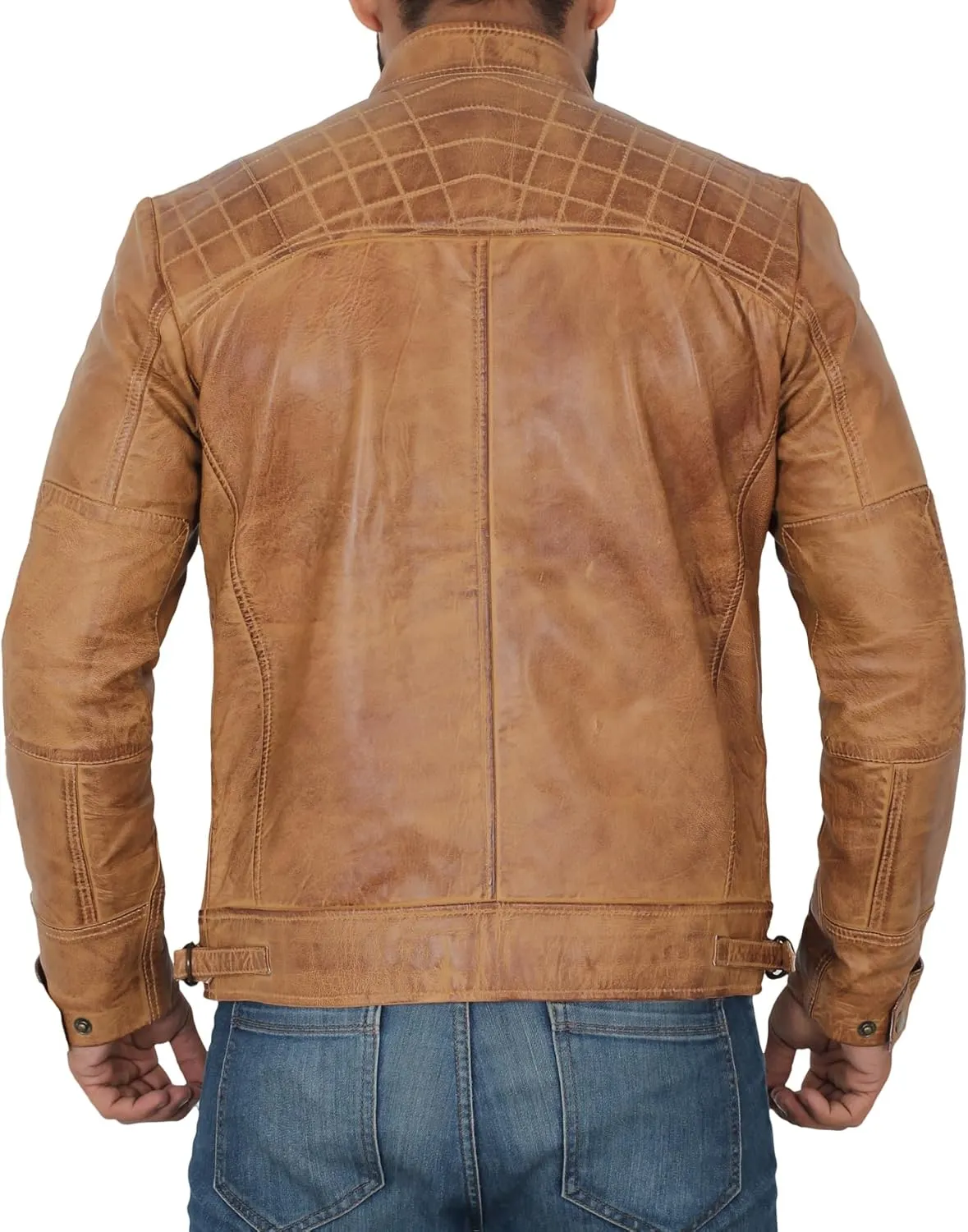 fjackets Real Lambskin Mens Leather Jackets - Quilted Cafe Racer Zip Up Moto Style Leather Jacket Men