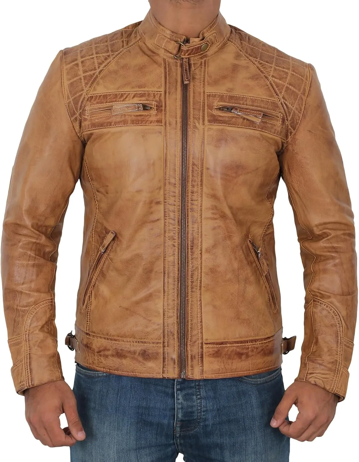 fjackets Real Lambskin Mens Leather Jackets - Quilted Cafe Racer Zip Up Moto Style Leather Jacket Men