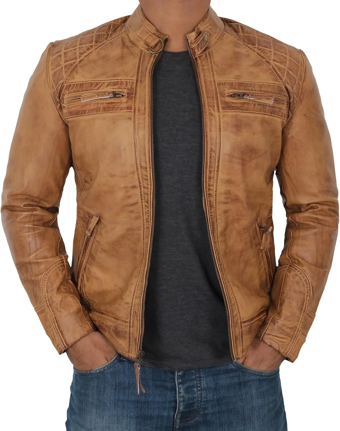 fjackets Real Lambskin Mens Leather Jackets - Quilted Cafe Racer Zip Up Moto Style Leather Jacket Men