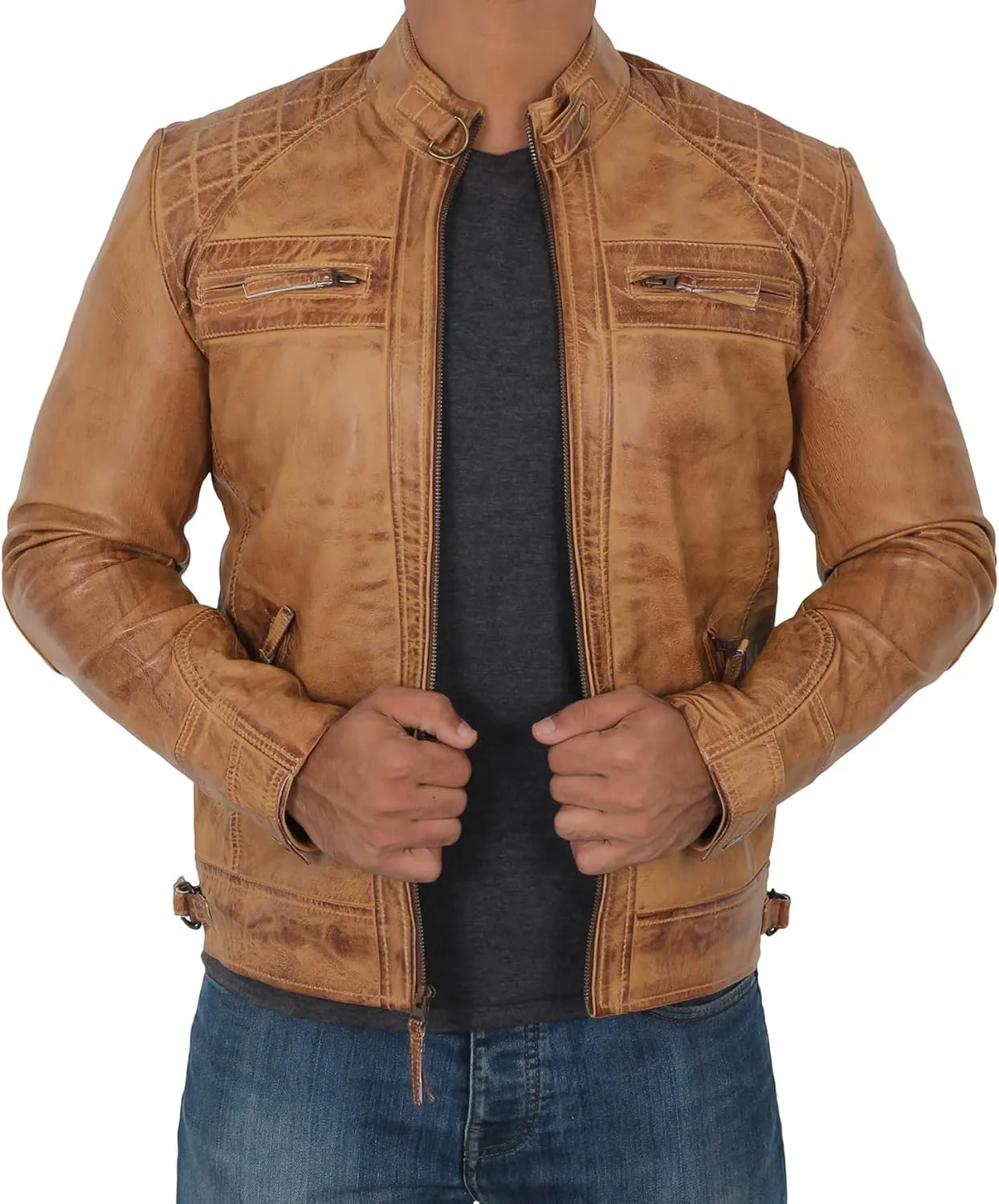 fjackets Real Lambskin Mens Leather Jackets - Quilted Cafe Racer Zip Up Moto Style Leather Jacket Men