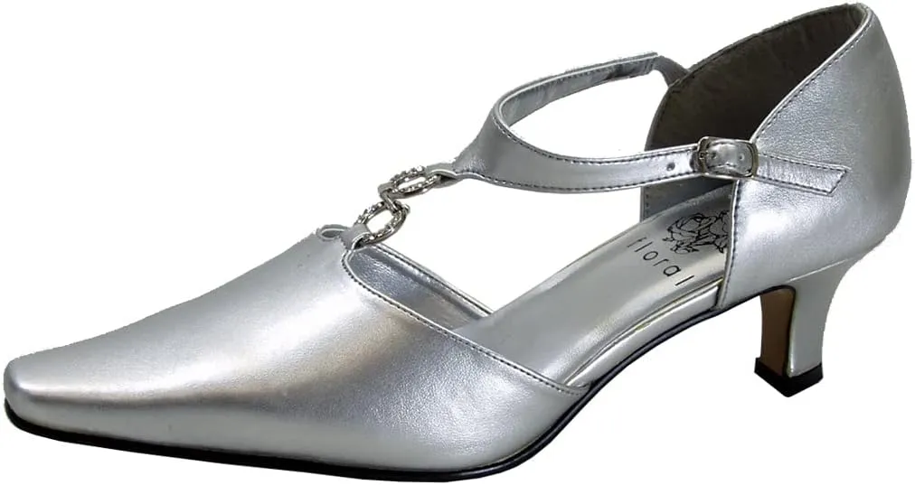 Floral Maribel Women's Wide Width Rhinestone Accent T-Strap Heels