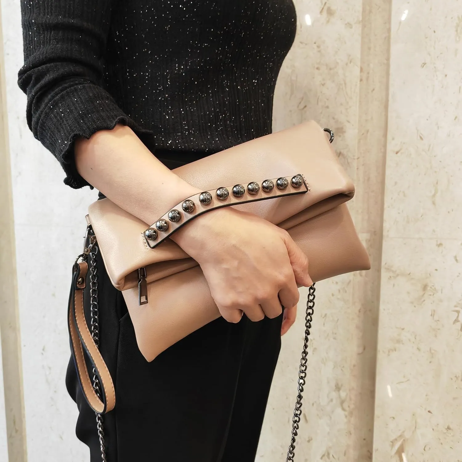 Fold-Over Women Clutch Purse Beaded PU Leather Chain Crossbody Bag Female Envelope Evening Bags (Black)
