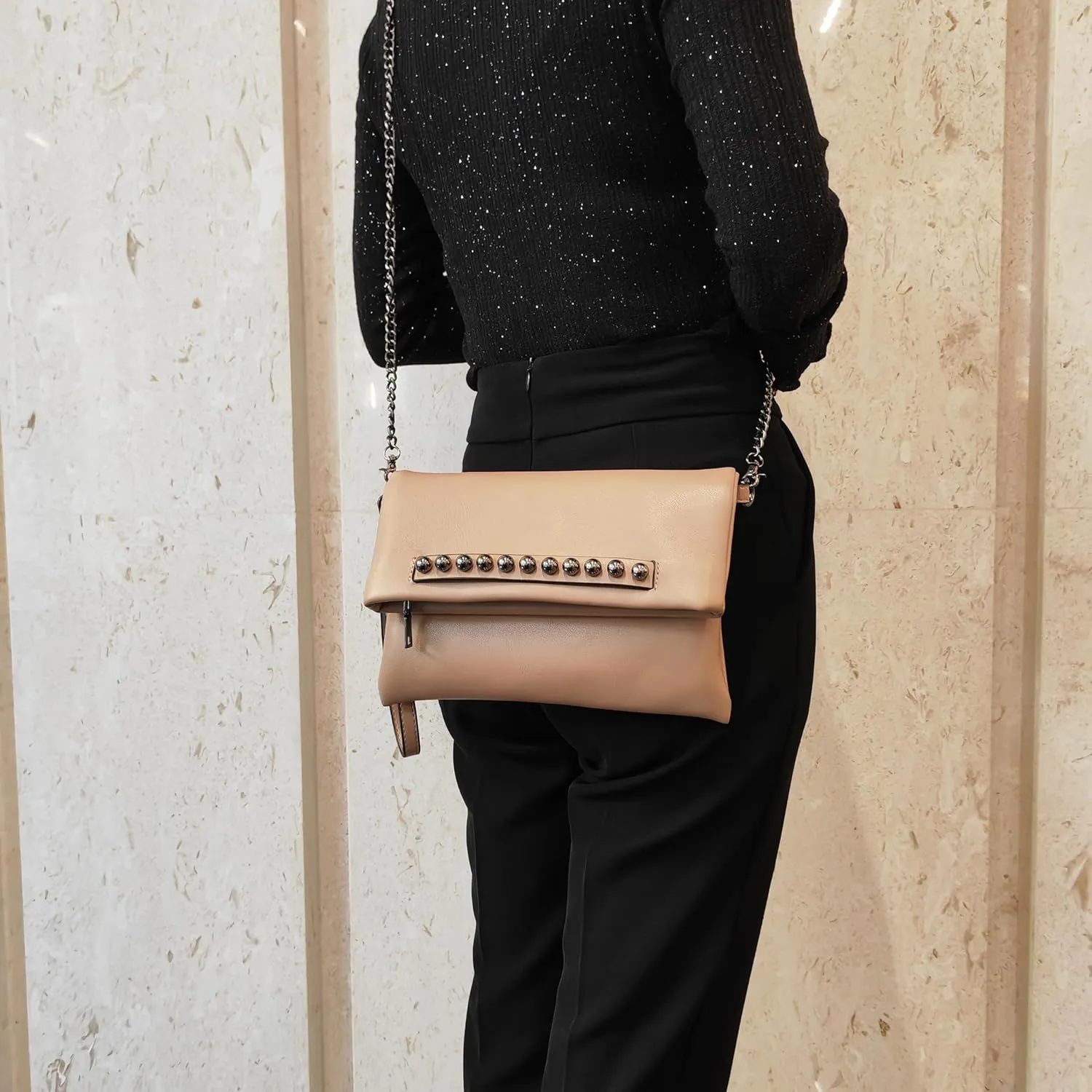 Fold-Over Women Clutch Purse Beaded PU Leather Chain Crossbody Bag Female Envelope Evening Bags (Black)