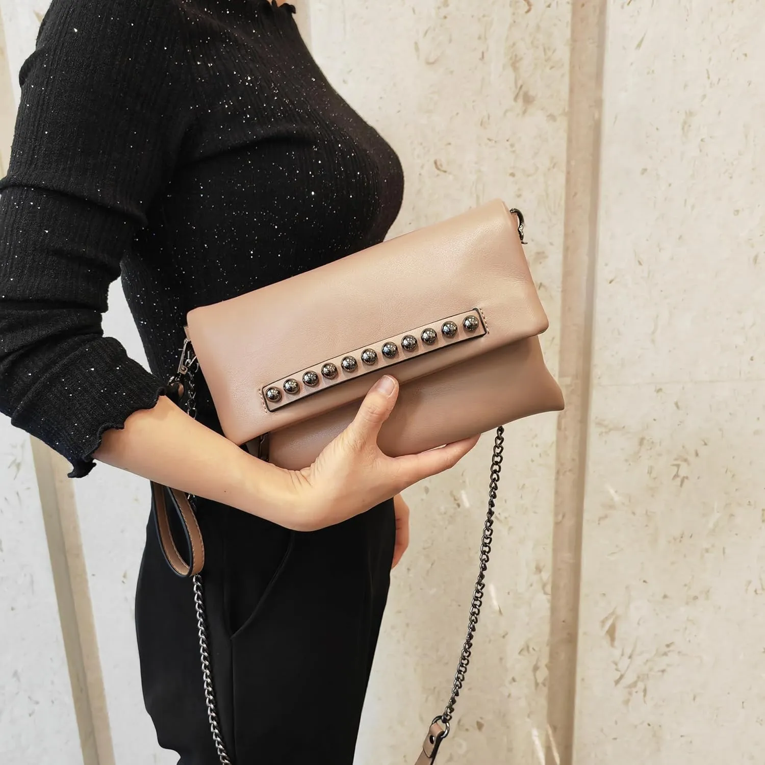Fold-Over Women Clutch Purse Beaded PU Leather Chain Crossbody Bag Female Envelope Evening Bags (Black)