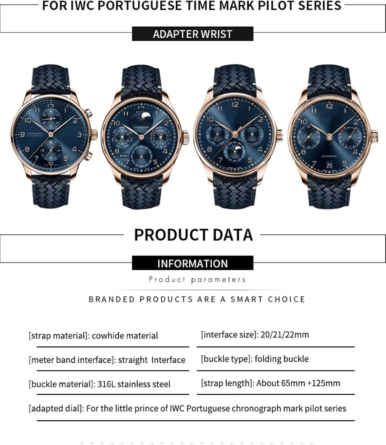For IWC Portugieser Big Pilot IW377714 IW394005 Leather Watch Strap Blue Wristband 20mm 21mm 22mm Premium Cowhide Strap