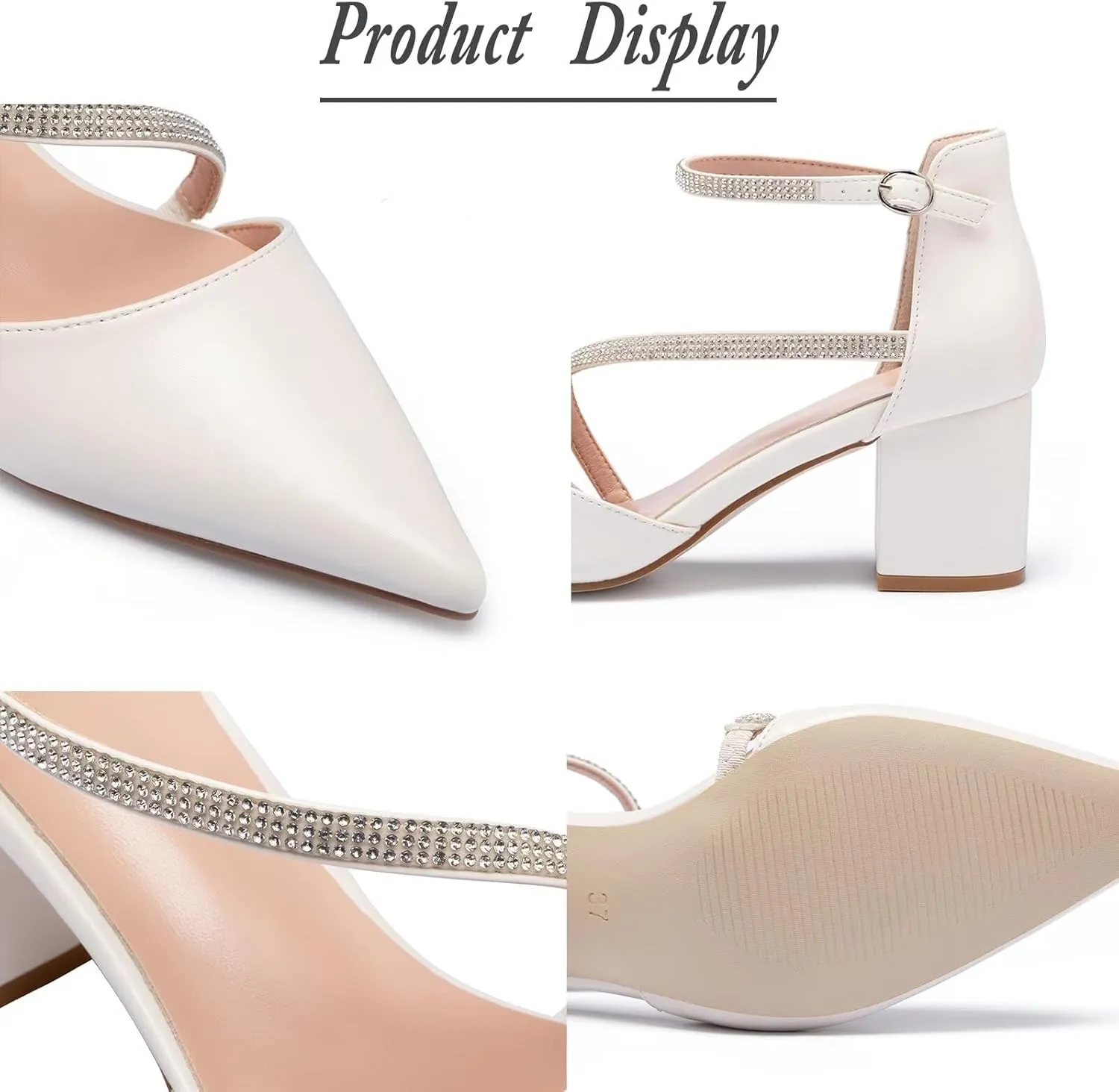 Frank Mully Women's Heel Pumps Close Toe Heels Low Block Chunky Pumps Shoes with Ankle Straps Wedding Party Dress Shoes Rhinestone