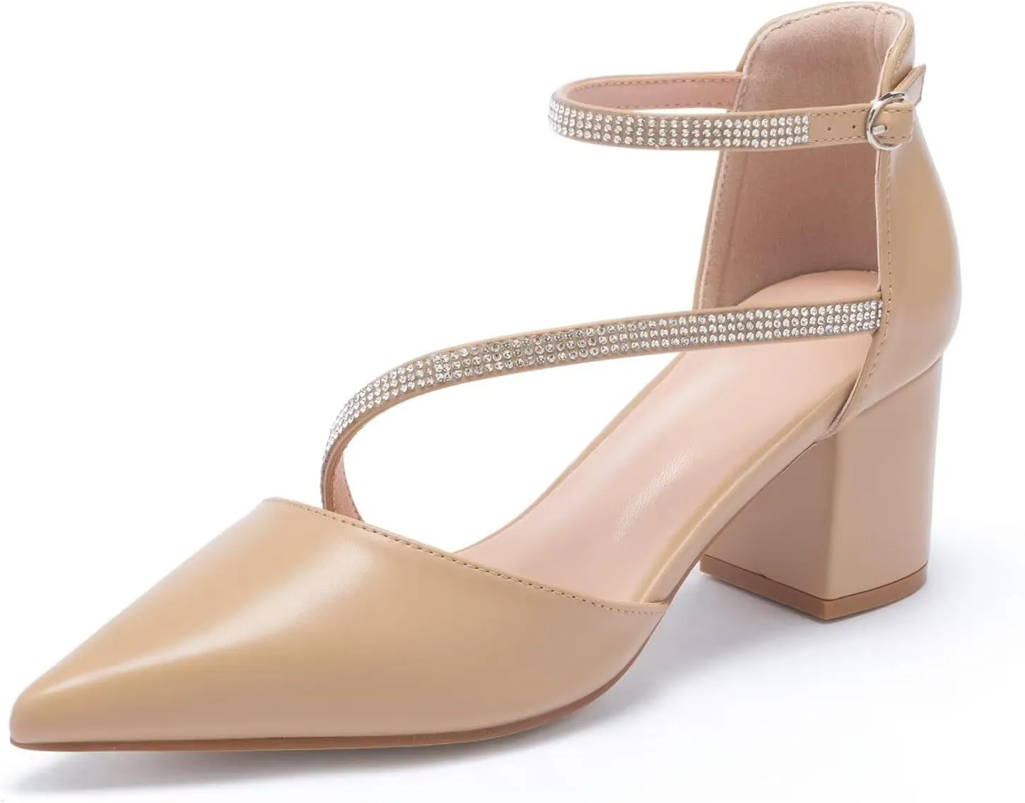 Frank Mully Women's Heel Pumps Close Toe Heels Low Block Chunky Pumps Shoes with Ankle Straps Wedding Party Dress Shoes Rhinestone