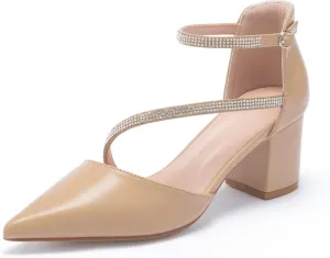 Frank Mully Women's Heel Pumps Close Toe Heels Low Block Chunky Pumps Shoes with Ankle Straps Wedding Party Dress Shoes Rhinestone