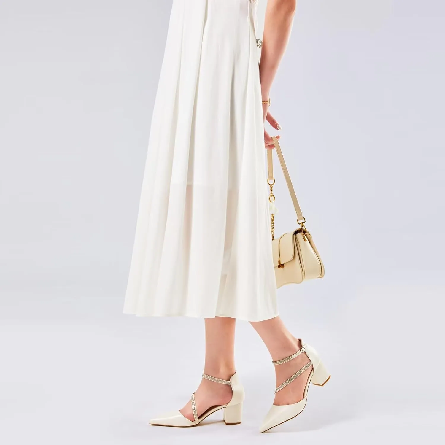 Frank Mully Women's Heel Pumps Close Toe Heels Low Block Chunky Pumps Shoes with Ankle Straps Wedding Party Dress Shoes Rhinestone